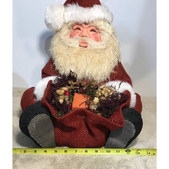 Vintage Styrofoam Rustic Santa Claus Figurine Faux Floral Basket & Jute Coat 16" - Picture 10 of 13